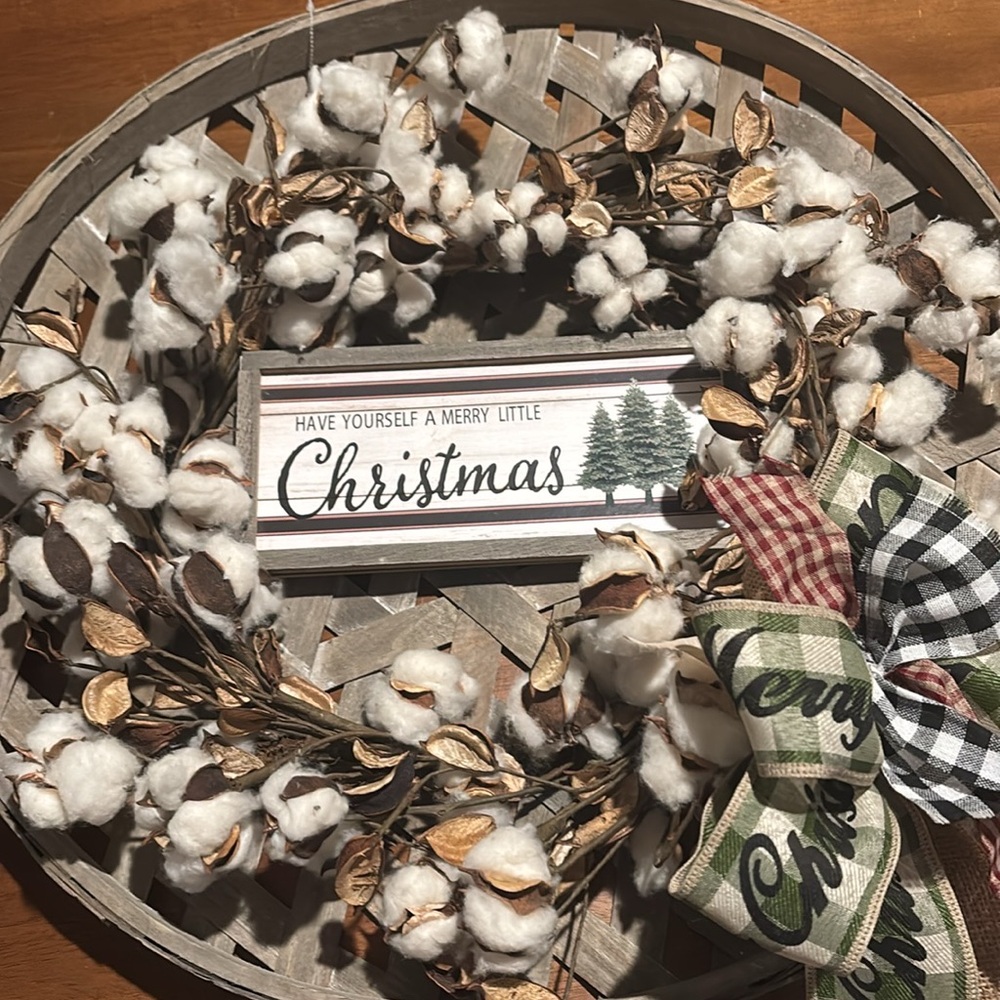Primitive Farmhouse Rustic Cotton Wreath Grey XL Basket SIGN REMOVED Final Sale